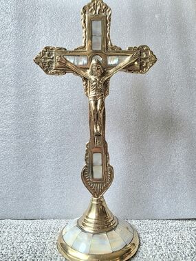 Vintage Brass & Mother of Pearl Standing Crucifix - Altar Tabletop Cross, 10"
